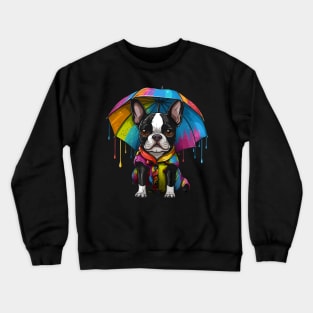 Boston Terrier Rainy Day With Umbrella Crewneck Sweatshirt